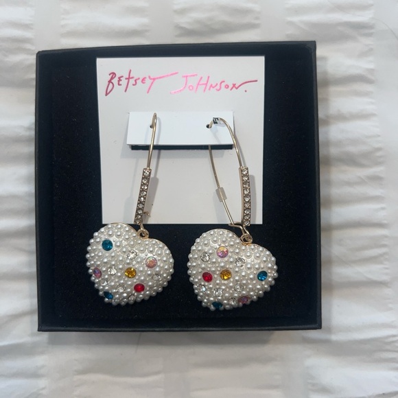 Betsey Johnson Heart Earrings with Multicolor Gems - Picture 1 of 2